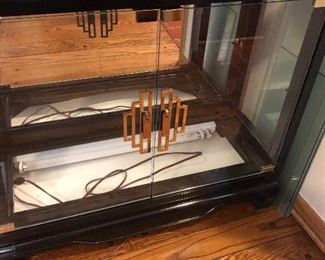 BLACK LACQUER AND GLASS CURIO CABINET WITH  GLASS SHELVES AND LIT