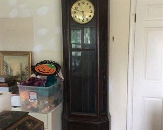 Mission style grandfather clock with beveled glass
