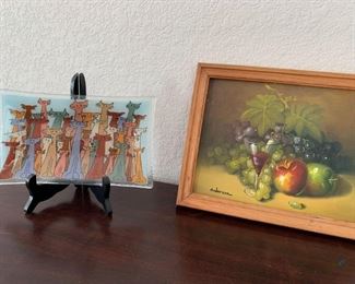 Framed Fruit Watercolor, and Cat Glass Decor plate