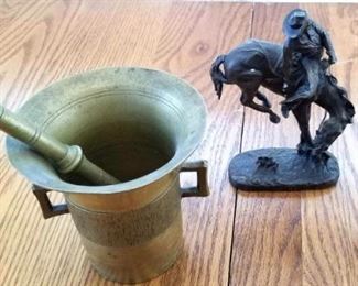 Brass Mortar and Pestle, and Duck, Remington Cowboy Statue