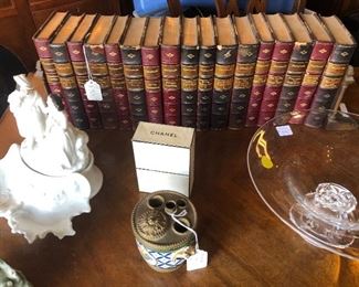 Vintage Chanel Perfume; Antique Leather-Bound Books