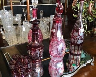 Ruby Cut to Clear Bohemian Decanters