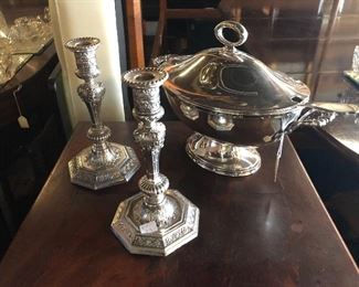Silver plate tureen; serving pieces