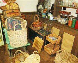 Large assortment of woven baskets, misc. decor, vases, candles, planters