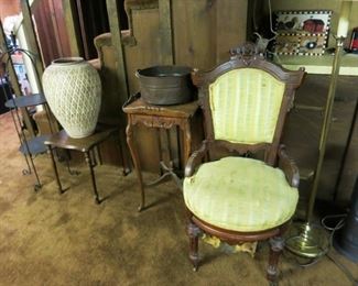 Antique chair, side table, large planter, metal stand