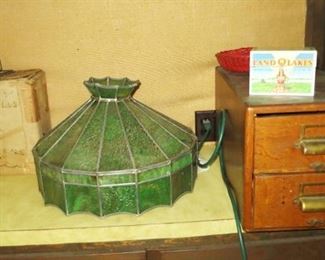 Slag glass ceiling fixture, large wooden catalog bog, Black Hills Rock collection