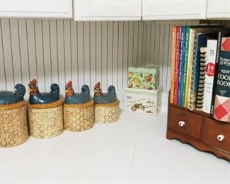 Chicken canister set, wooden box/shelf, cookbooks, tin recipe boxes