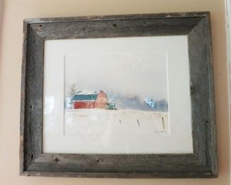 Hand painted & signed picture, barn wood frame