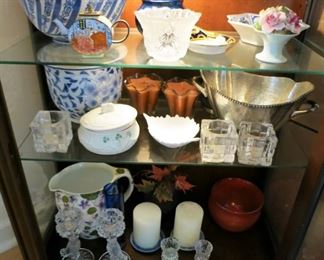 Collectible glass ware, candle sticks, porcelain pitcher, ceramic blue & white collectibles, silver plate bowl, etc.