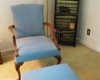 Upholstered chair w/ ottoman, bookcase w/ antique & vintage books, Encyclopedia set, floor lamp