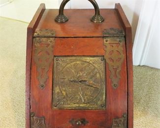Antique wooden coal box w/ brass design & hinges