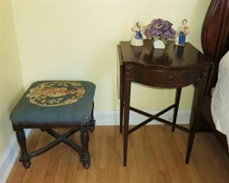 Vintage stool w/ stitched top, drop down side table w/ drawer
