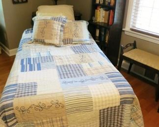 Twin box/spring & mattress, bedding, book shelf, vintage stool