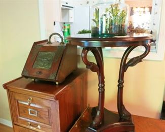 Swan neck table, antique bread box? or fire place box?, 3 drawer file cabinet