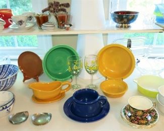 2 larger vintage Fiesta bowls, one small Fiesta bowl, Russel Wright plate, misc. glassware & porcelain items