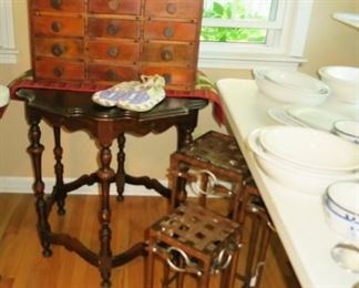 3 metal plant stands, vintage side table, antique 15 drawer apothecary chest, misc. dishes