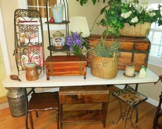 Magazine stand, metal stand, wood box, woven baskets, antique/vintage wooden trunk, misc. hand signed pottery, misc. stands/tables, vintage cream can