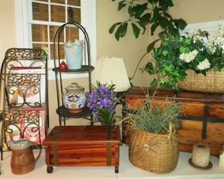 Magazine stand, metal stand, wood box, woven baskets, antique/vintage wooden trunk, misc. hand signed pottery
