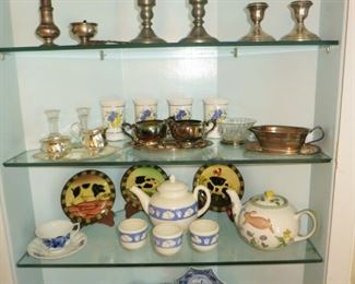 Sterling silver items, pewter candle holders, misc. ceramic, porcelain items including Delft, Occupied Japan child's dishes