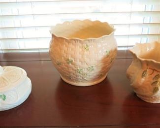 Belleek porcelain planters, covered dish