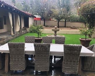 Restoration hardware outdoor table 120" wood. Needs refinishing on top.Pre-sale available at highlinefurniture.com please visit website for pricing information.