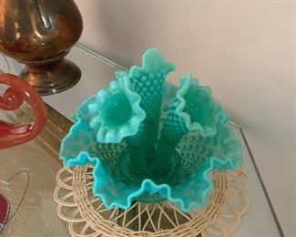 Vintage Fenton Epergne 3 Horn Trumpet Hobnail