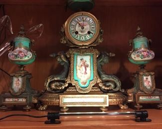 3- piece 19th century French clock set enamel painted decorations
