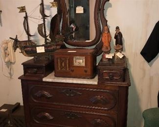 Victorian dresser, model ship, vintage radio