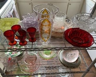 Amberina, Bohemian, Depression Glass, cut glass cut crystal, plates, italian ceramics. 