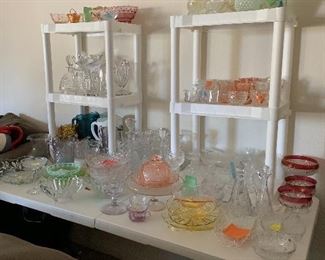 Depression Glass, crystal decanters, vases, plates