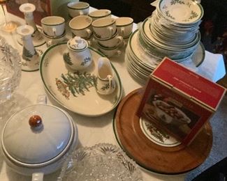 Spode Christmas Tree Place setting for 12 with serving pieces and cookie jar. 