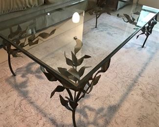 One of a kind artist coffee table with metal leaf embellishment 