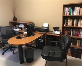 Two piece L-shaped medium oak desk (Piece against wall is 48"Kx24"Dx29"H and return is 30"Wx68"Lx29H) 
Four drawer filing cabinet (36" W x 20" D x 59"H)  (Shown to the left of the lateral files)
Two Matching lateral files medium oak (36"Wx29"Hx"29H each)
Hutch above fiing cabinet smedium oak (44 3/4" W x 24"Dx29"H
Bookcase (36"W x 13" D x67 3/4" H_
Chair 