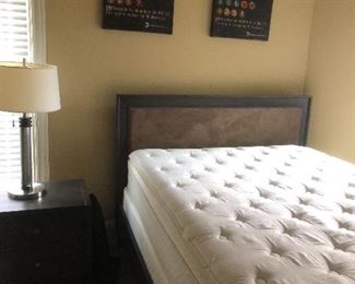 Handsome queen suede & wood bed with nightstand, table lamp & pillow top mattress. Tray accent table (not pictured)