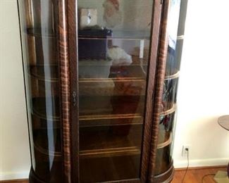 Antique Oak Bowed Glass Curio Cabinet 