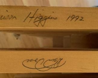 signed Harrison Higgins, 1992.  Their website is -     www.harrisonhigginsinc.com - and their slogan is "Makers of Fine Furniture and Teachers of the Trade".    The current owner is the son of the founder of the shop, and they are known for historically accurate furniture replicas - museum quality - and custom furniture crafting to order.   