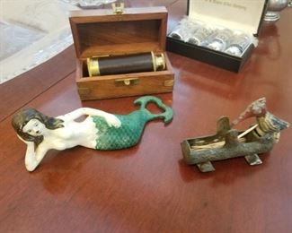 vintage Mermaid cast iron bottle opener, woodpecker toothpick holder and small spy glass with box