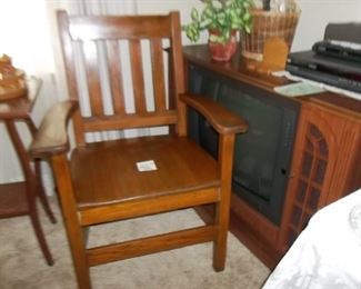 vintage solid oak chair and console tv -repurpose the cabinet