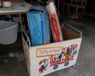 vintage toy box and race track toys