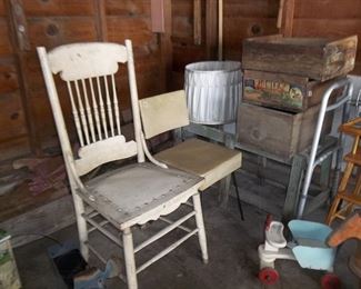 vintage chairs and wood boxes