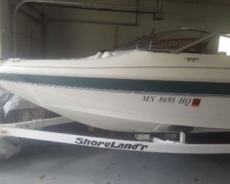 1999 Larson 18.5 Bow Rider- Fish and Ski with trolling motor. Includes six life jackets, skis, ropes, tarp and Shoreland’r Trailer. 190 Horspower motor! 