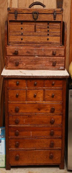 Three pieces antique tool chests.