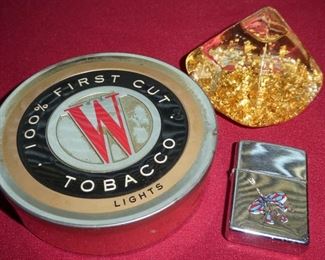 Tobacco tin, rare Zippo lighter, hand blown glass with gold flake