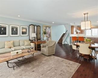 Liv Room with Marble Top Cocktail Table on Custom Designed Wrought Iron Base.  Sofa at left designed by owner and Bench Built by Martin Industries of Bristol, Pa