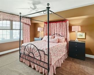 Black Iron Double Size Bed including the custom made bed cover and matching bed Drapes. Also the matching lamps and side tables.