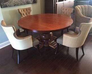 • Dining Room Table. Large Round, with Pedestal Bulb Base. Andes International Inc. "Mesa Bolero" style. 60" Diameter, and Dining Room Chairs Designed by owner and Bench Built by Martin Industries of Bridgeport, Pa.