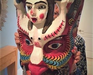 • Carved and Painted Mexican Folk Art Wood Celebration Mask