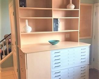 Crosby A Front 10 Drawer Flat File and Left end 3 Drawer, Drawer Bank, with Work Top and Book Case above.