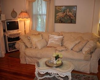 Comfy Sofa with Pillows, Coffee Table and Assorted Decorative Items