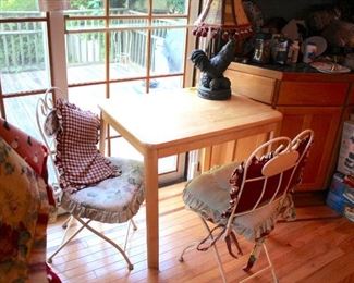 Small Wood Table and Pair of Metal Chairs with Rooster Lamp